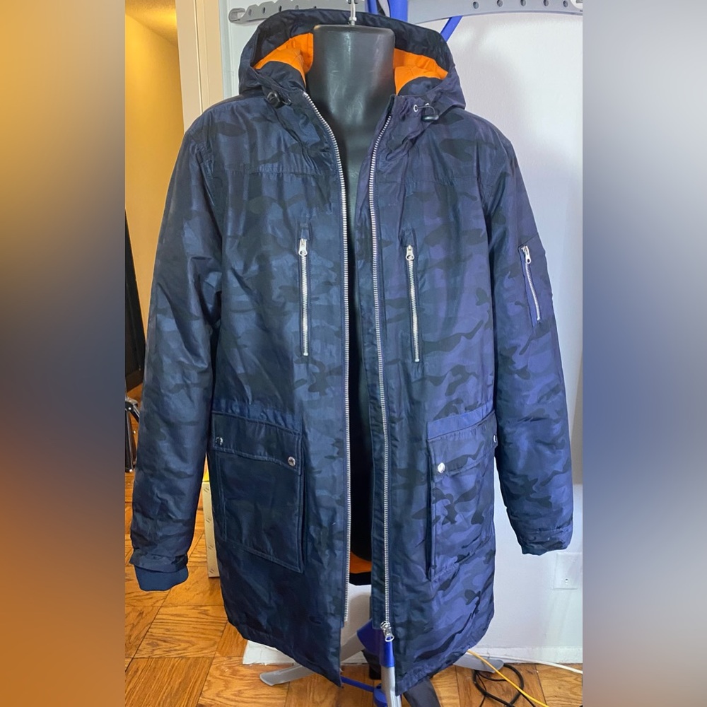 💙Slate & Stone Long Hooded Parka Coat Blue Black Camo Size L - Picture 10 of 15